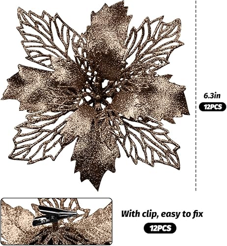 Miniatura 2 de Vanleonet 12 flores de Pascua artificiales con purpurina navideña, decoraciones de flores de Navidad, adornos de árbol de nochebuena con purpurina