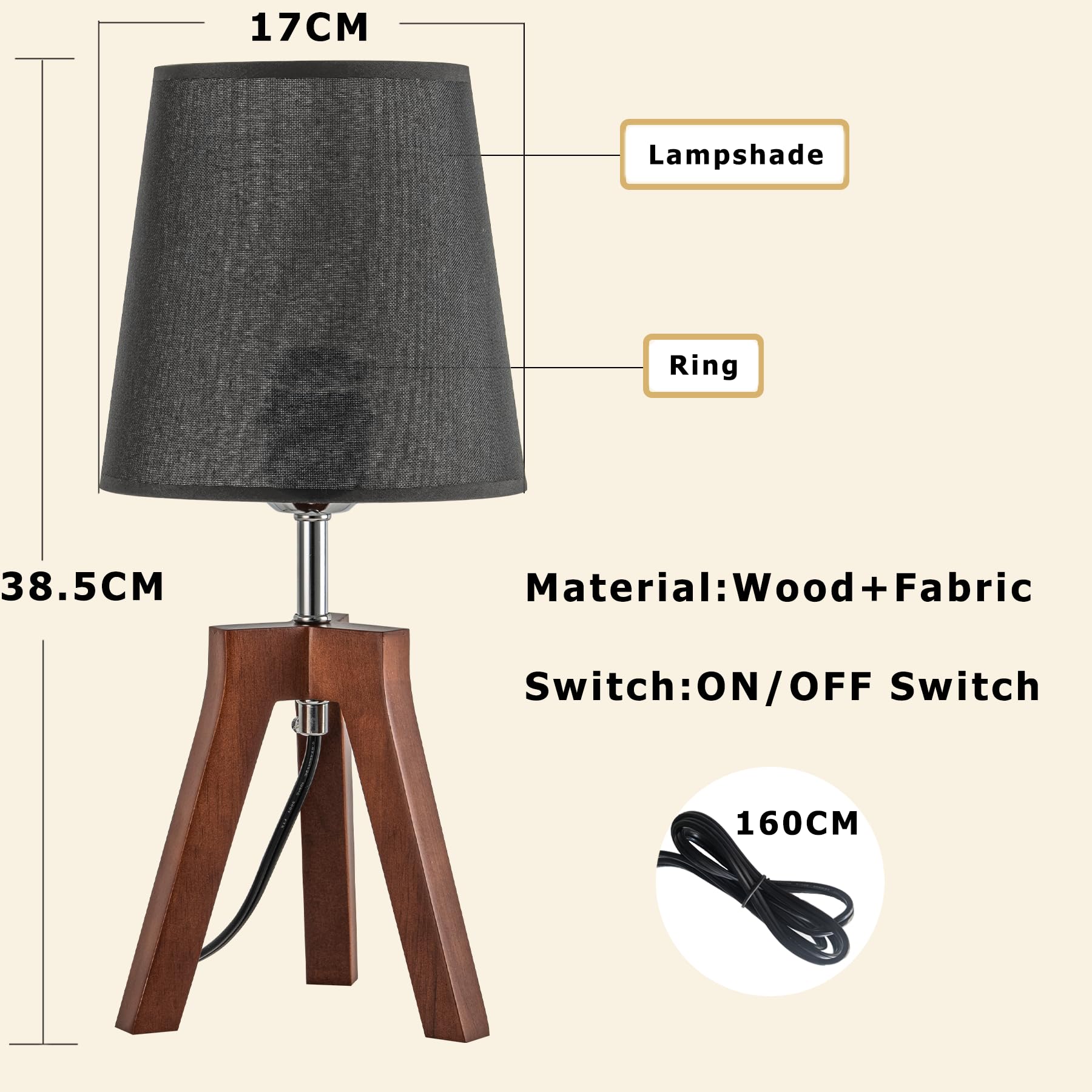 Dreamholder Wood Bedside Table Lamp, Tripod Desk Lamp with On-Off Switch - Image 3