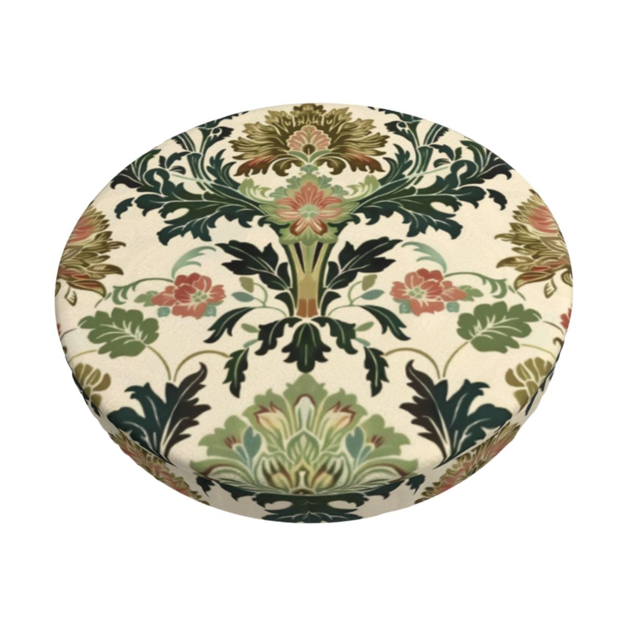 Velvet Round Stool Covers, 3 Layers Bar Stool Covers with Thin Pad, Victorian Flower Damask Ivory Bar Stool Covers Round Dustproof Barstool Covers Slipcovers for most regular bar stool chairs