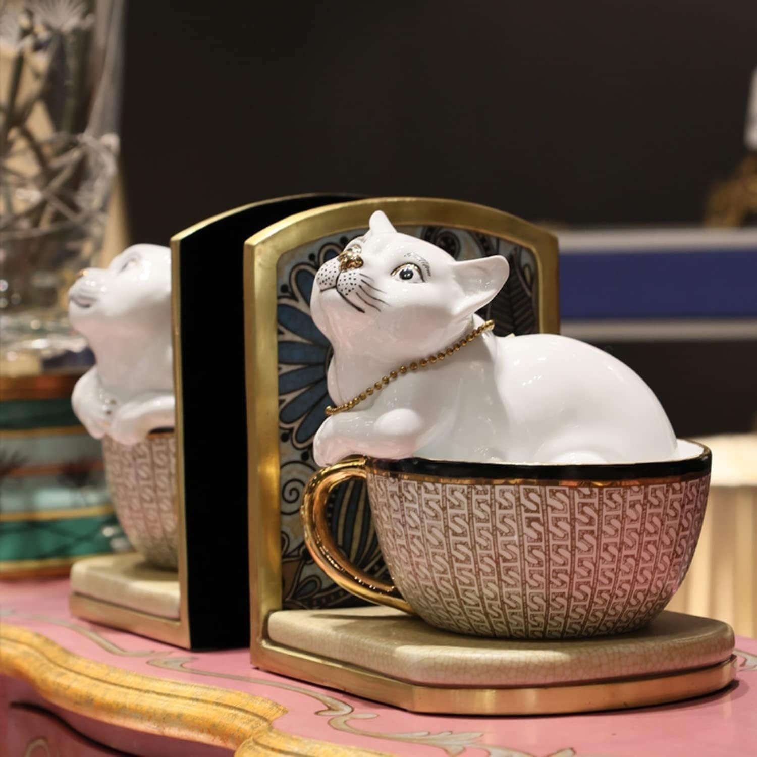 Sujeta Libros Estanteria Sujetalibros Elegantes de Porcelana y latón, sujetalibros con decoración de Animales para Fiesta de té, Libros de Ilustraciones, Extremos de Libros Sujetalibros