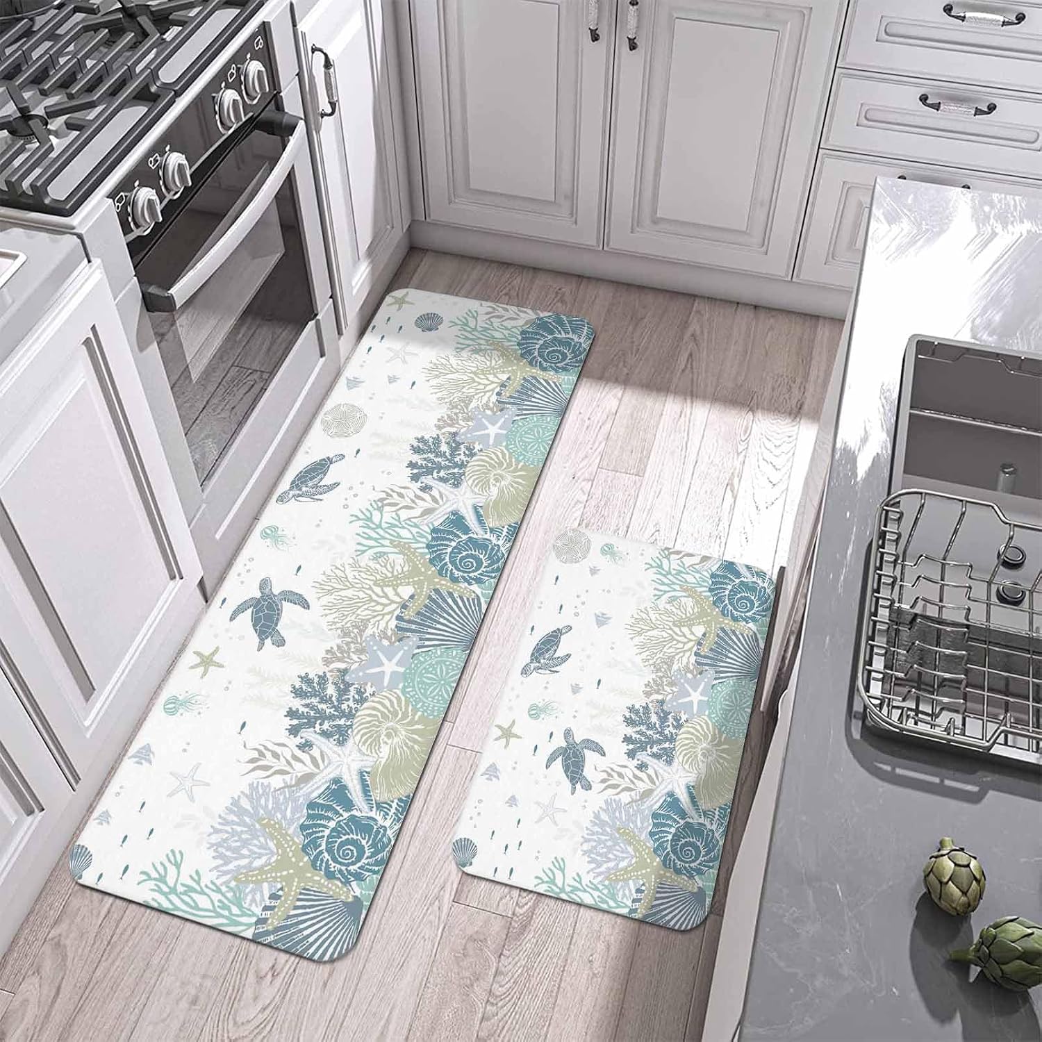 Summer Marine Life Kitchen Mats Set of 2 Watercolor Sea Turtle Ocean Starfish Conch Shell Non Slip Mat Washable Floor Rug for Kitchen Sink Floor Laundry, 15.7"x23.6"+15.7"x47.2"