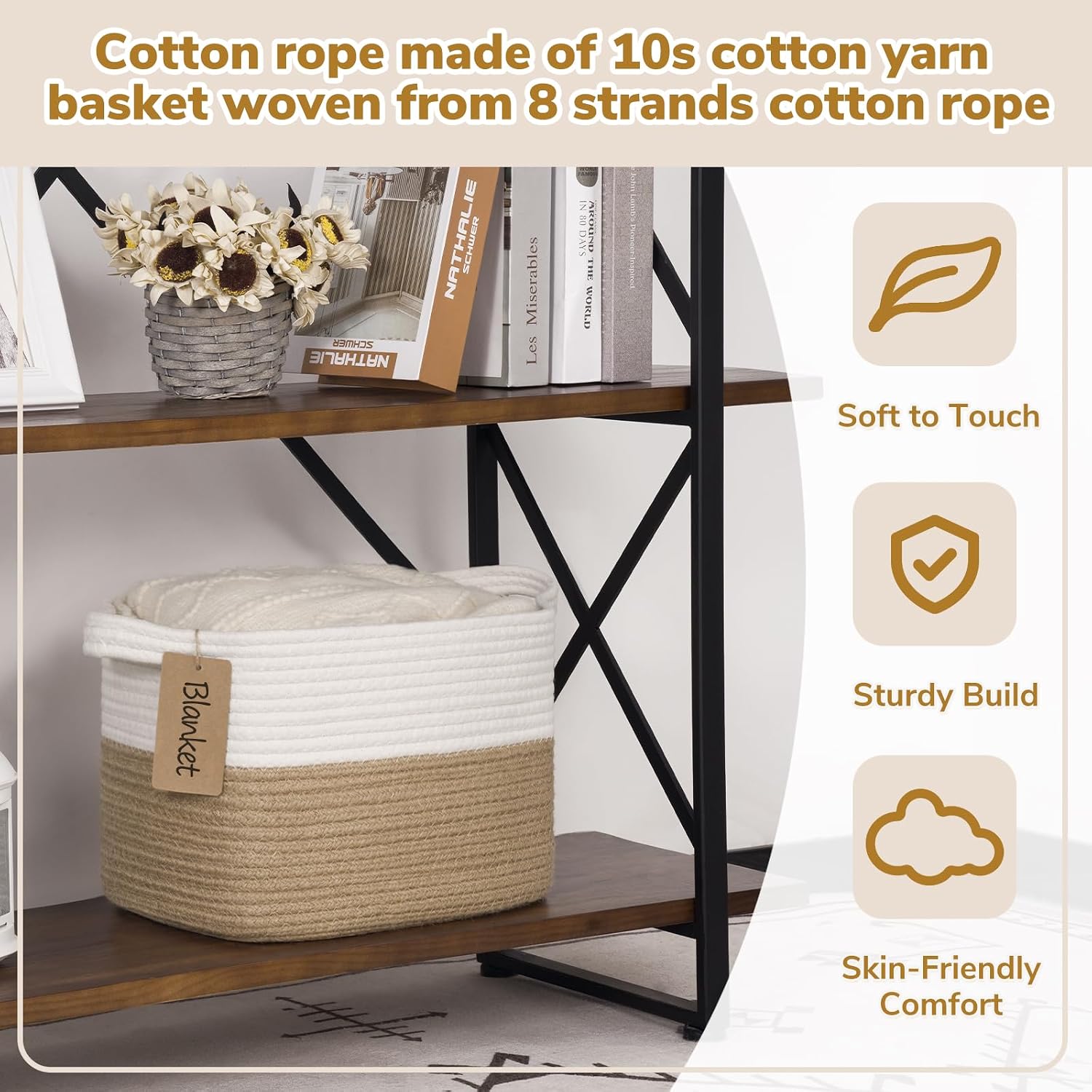  Woven Rope Storage Basket for Shelves, Rectangle, Jute thumbnail