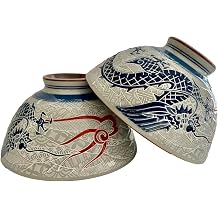 Japanese Mino Ware Ceramic Rice Bowl Set, Dragon, 4.84 Inches Diameter x H2.56 Inches, 13.3 Fluid Ounces Set of 2 from Japan Navy Dragon