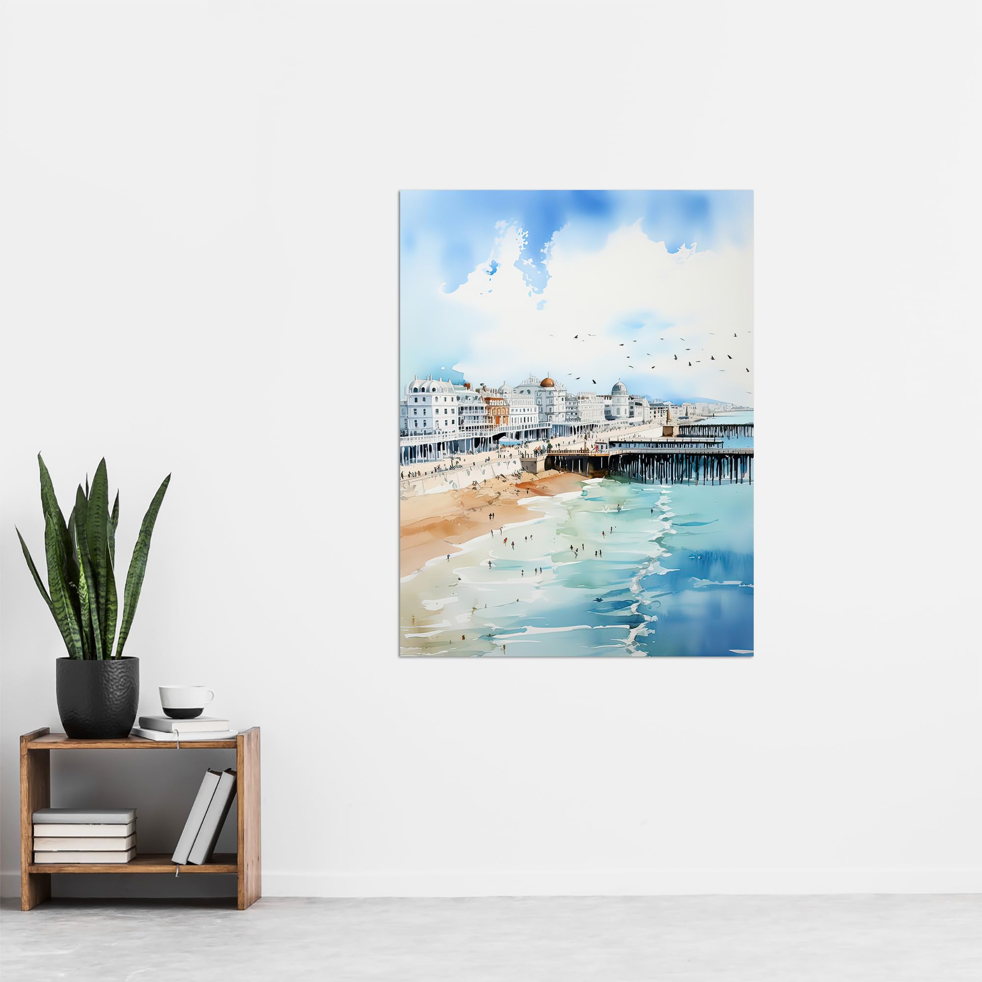 Artery8 Brighton Beach Watercolour Painting Orange Blue Busy Promenade Coastal City Landscape Extra Large XL Wall Art Poster Print - Image 4