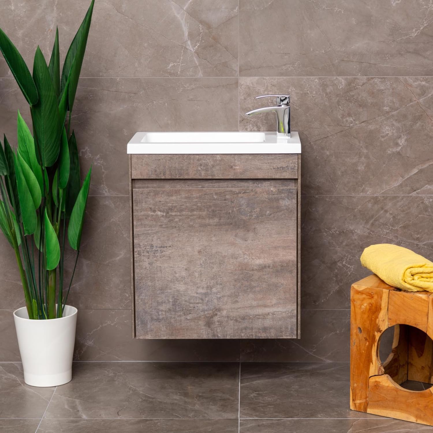 Go Bathrooms Ochil Wall Hung Cloakroom Vanity Unit With Polymarble Basin Sink Soft Close Doors Brown Metallic Effect  550mm
