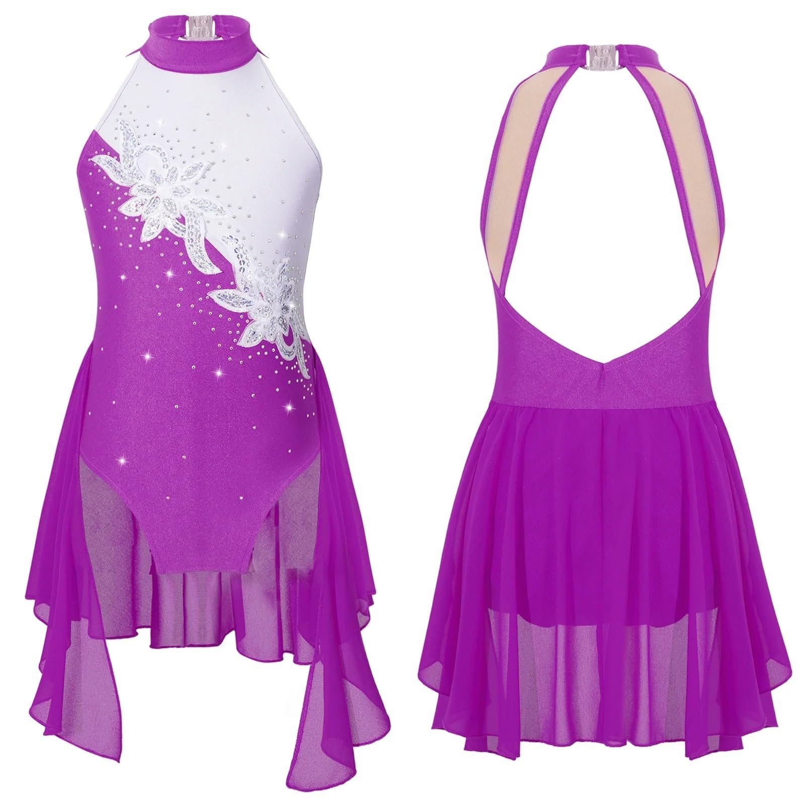 Gymnastikanzug Mädchen Ballett Gymnastik Trikot Kleid Lyrical Dance Kostüm Glänzende Pailletten Eiskunstlauf Overall Dancewear(Purple,8)
