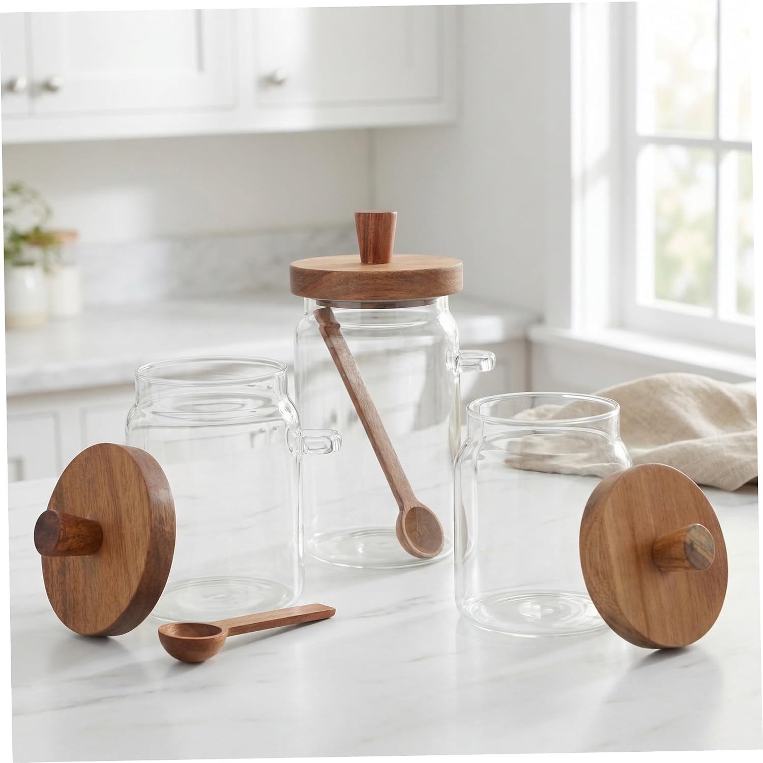 3pcs Glass Laundry Pod Holder Set with Wooden Lids and Scoop Airtight round Detergent Storage Containers for Washing Powder 400ml 600ml 900ml Easy View Storage for Laundry Room