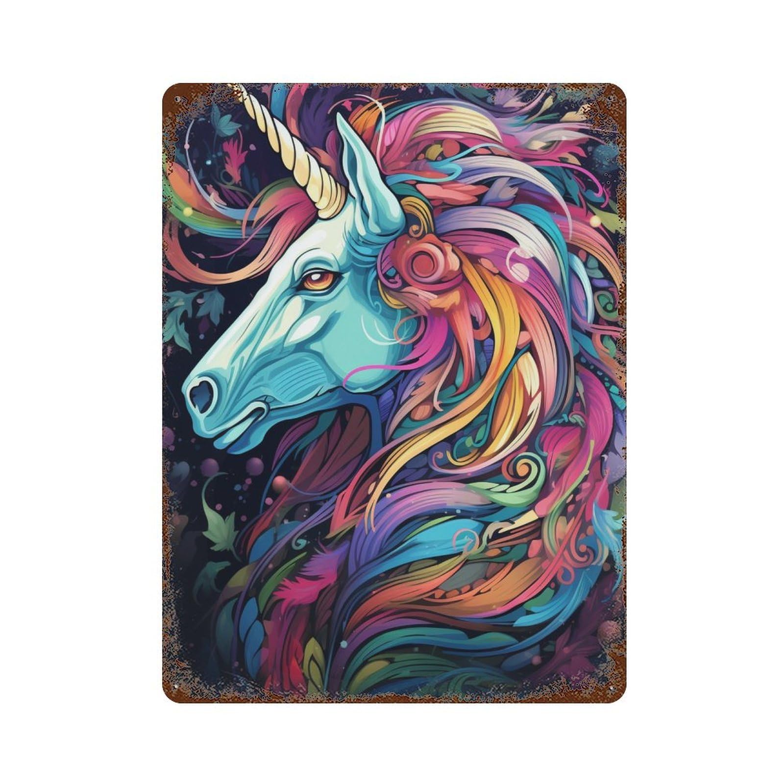 Rust Effect Colorful Unicorn Illustration Rustic Tin Plaque 15.7"x11.8", Industrial Home Decor for Bistro, Counter And Cafe Decor