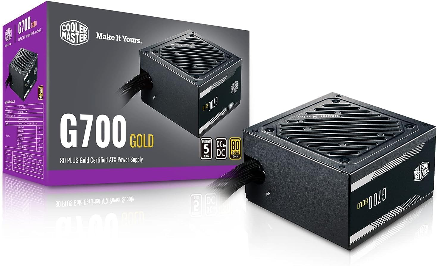Cooler Master G700 Gold Power Supply, 700W 80+ Gold Efficiency, Intel ATX Version 2.52, Fixed Flat Black Cables Quiet HDB Fan, 5 Year Warranty