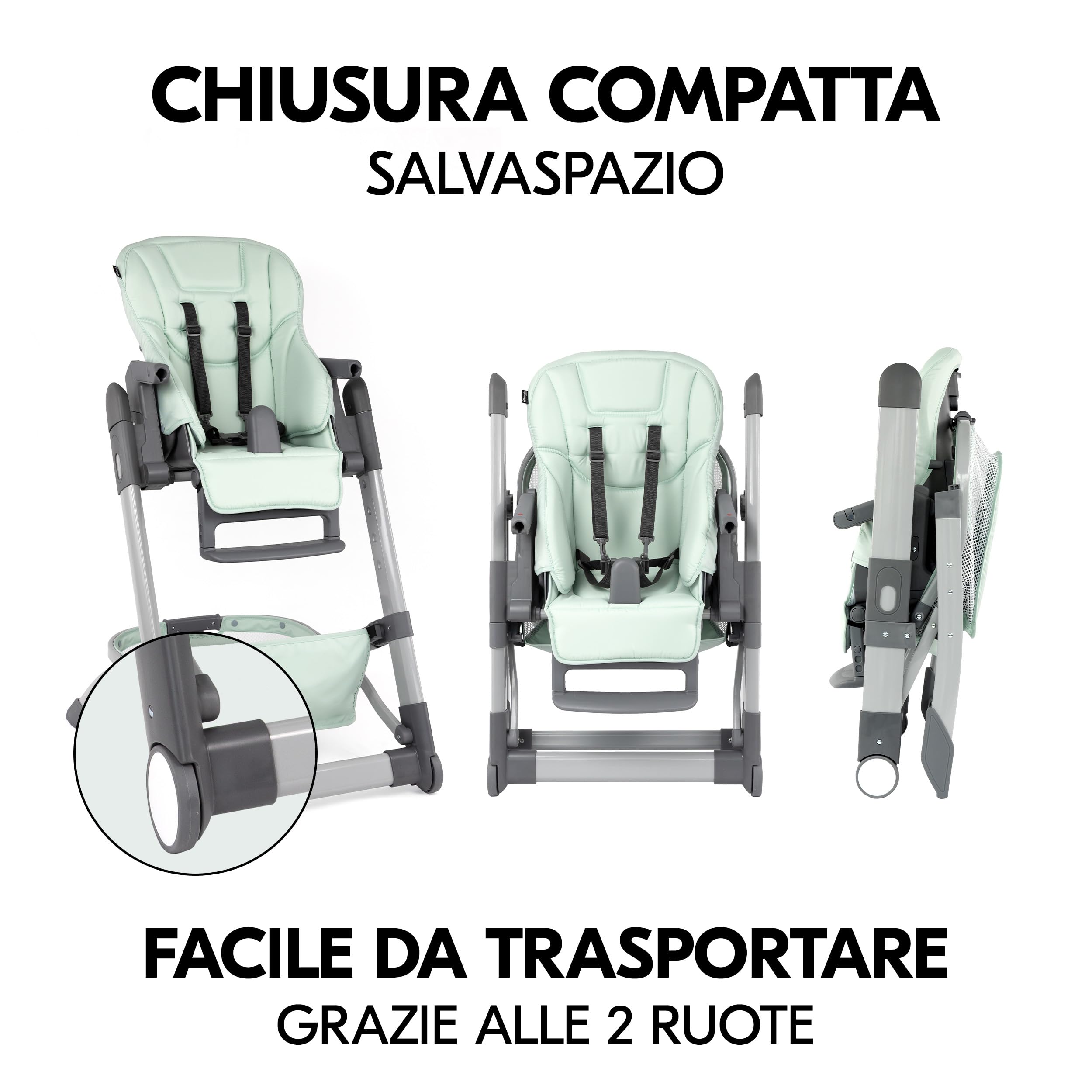 hauck Grow Up Seggiolone Pappa Portatile - Evolutivo Dalla Nascita con Funzione Reclinabile - Pieghevole con Vassoio e Ruote - Regolabile - Mint