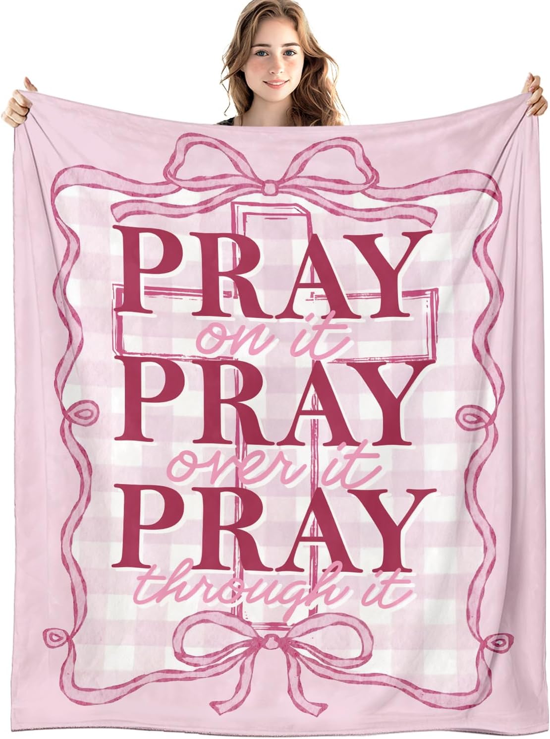 Pink Christian Blanket, Coquette Pink Bow Bible Verse Throw Blankets for Girly Room Bedroom Dorm Couch Bed Decor, Preppy Religious Scripture Blanket, Christian Gifts for Women, 50x60 Inch