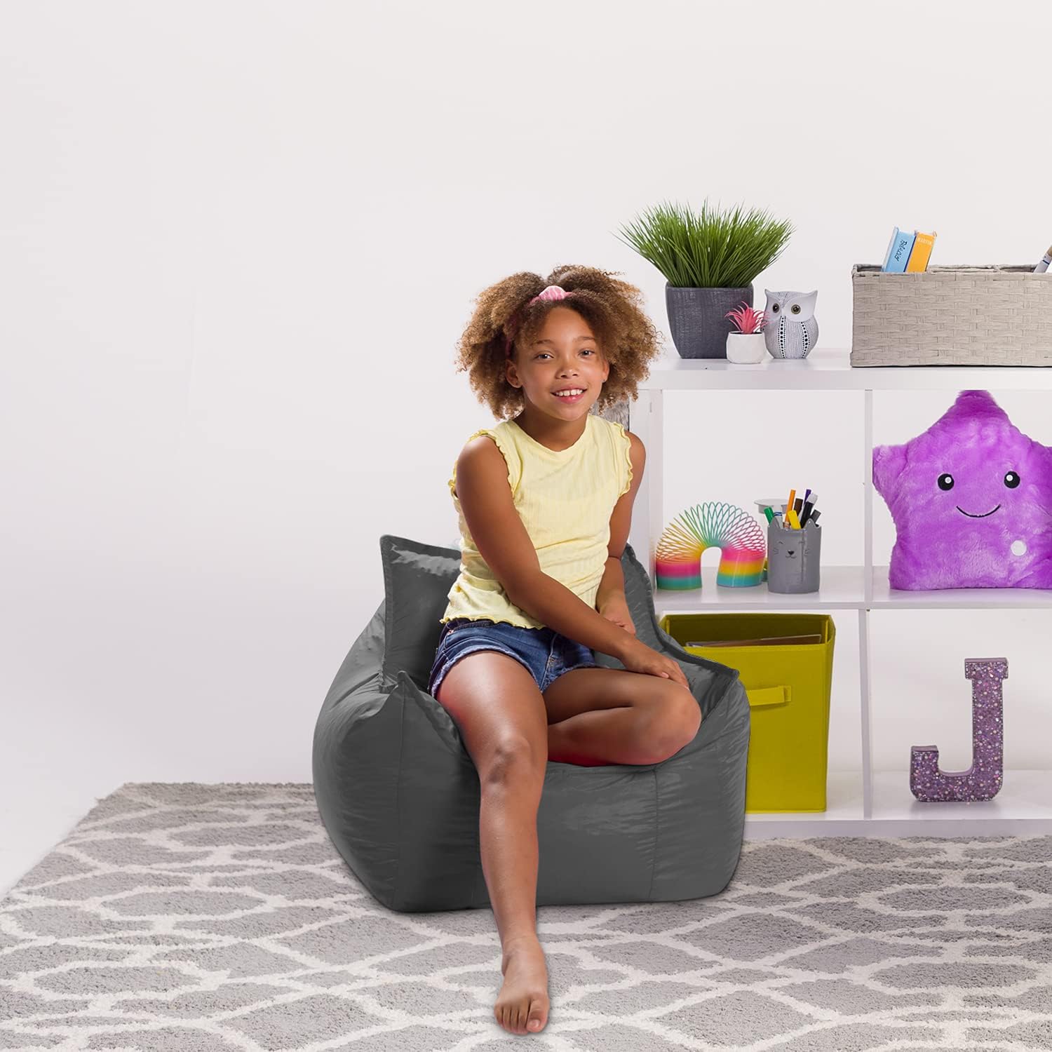 Posh Creations Bean Bag Chair Structured Comfy Seat for Gaming, Reading and Watching TV, for Children, Newport Chair, Nylon - Charcoal Gray