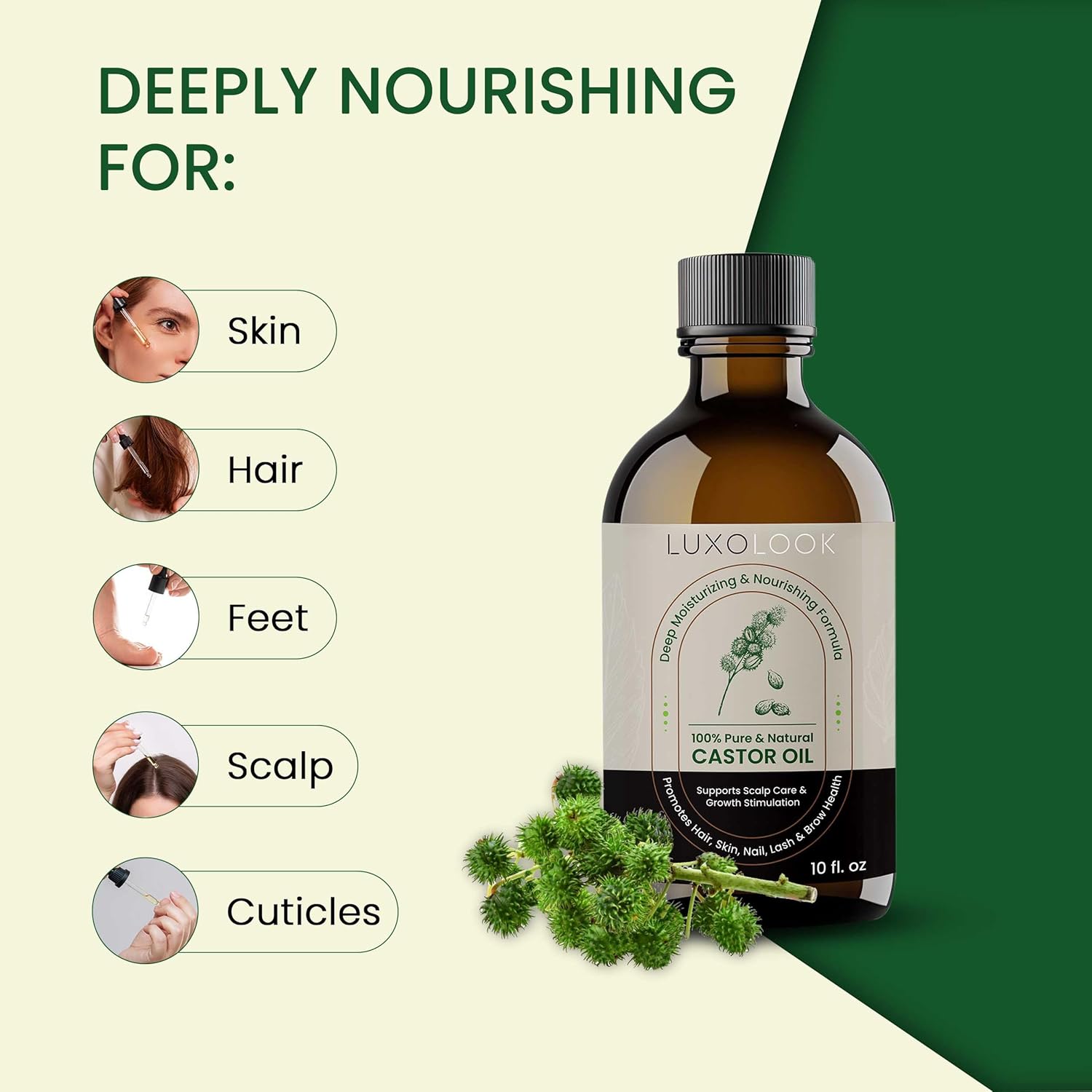 Pure Castor Oil - Cold Pressed 100% Castor Oil for Hair Growth, Skin, Eyebrows, Eye Lashes, Nails & Cuticles - Hexane Free, Natural & Unrefined - Includes Dual Mascara, Dropper & Scalp Massager - Image 9