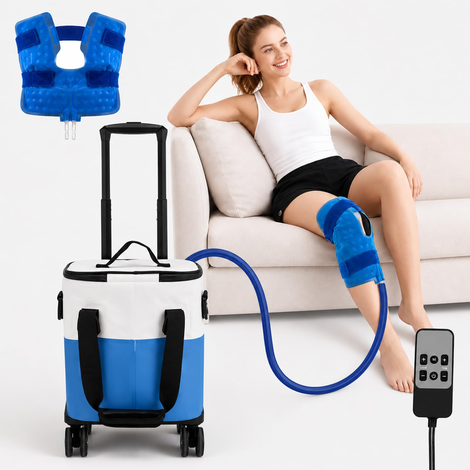 Máquina de terapia de frío para rodillas con barra telescópica y ruedas, dispositivo de terapia de frío 19L/20QT con temporizador, máquina de hielo portátil con 5 niveles de flujo para alivio del