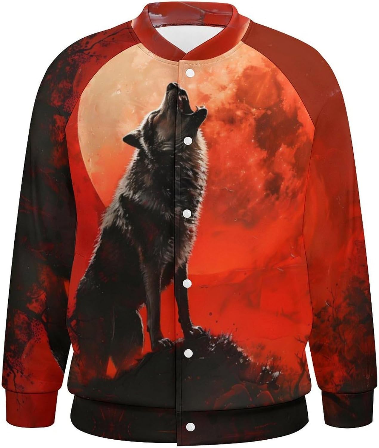 Howling Wolf Red Moon Novelty Men's Baseball Jackets Causal Sweatshirt Button Top Long Sleeve Coat