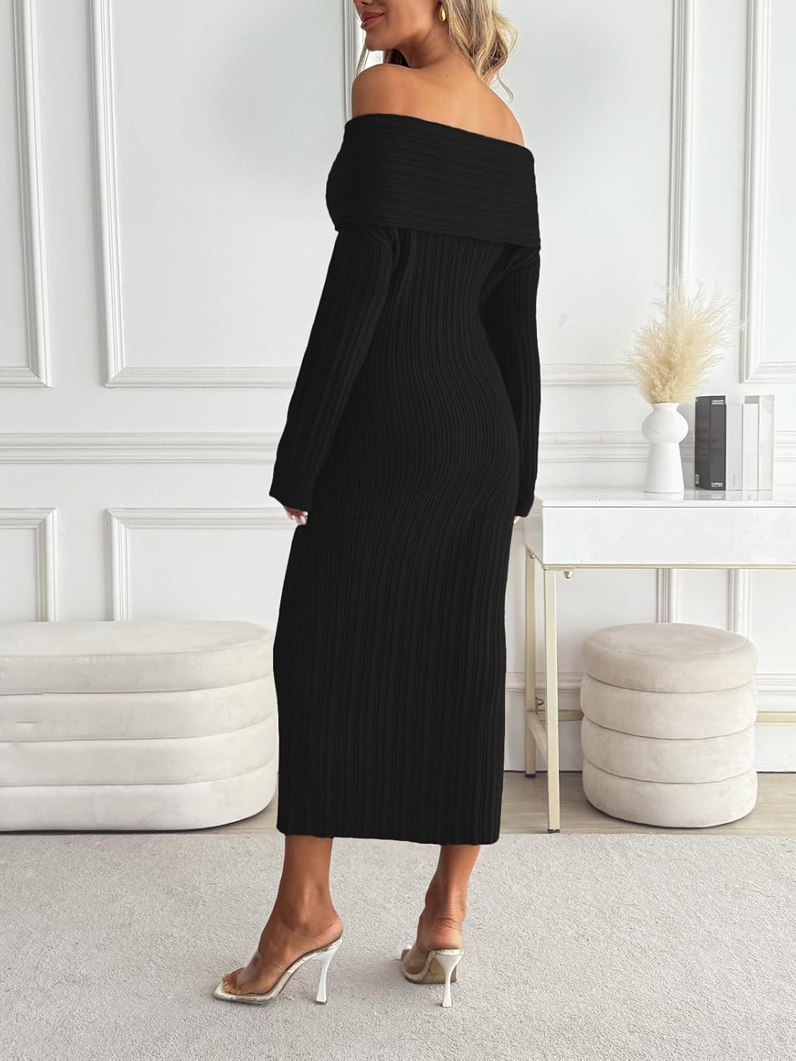 LILLUSORY Women Fall Off The Shoulder Baby Shower Midi Sweater Dress Wedding Guest Long Sleeve Bodycon Date Night Outfit - Image 4