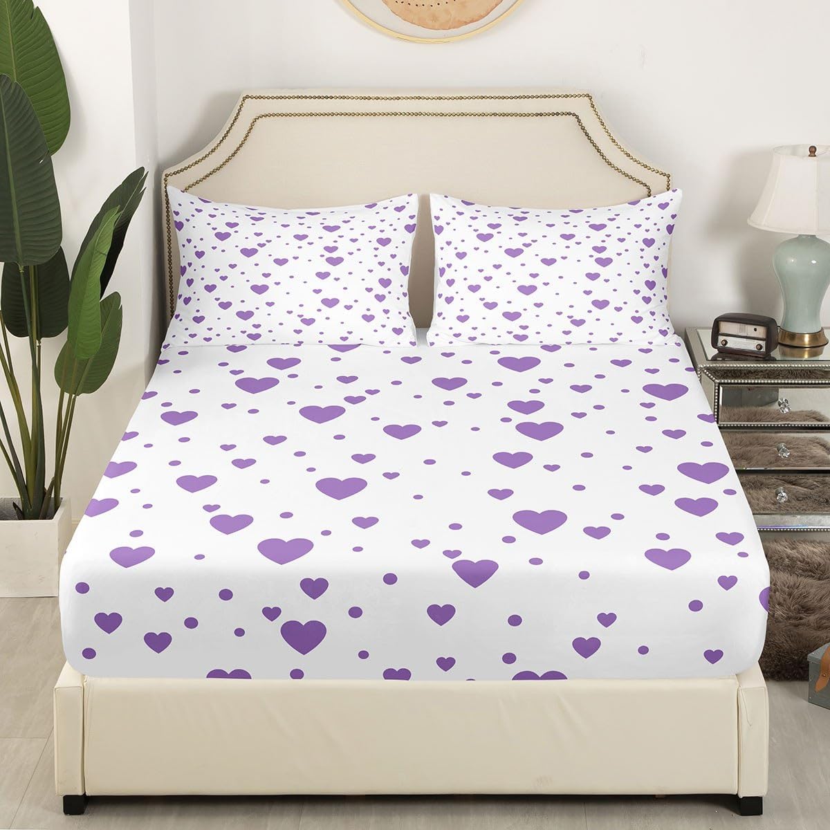 Feelyou Hearts Bedding Set Full Size, Purple Hearts Bed Sheet Set Kids Cute Love Hearts Fitted Sheet for Boys Girls Purple and White Bed Cover Lightweight Bed Set (No Flat Sheet)