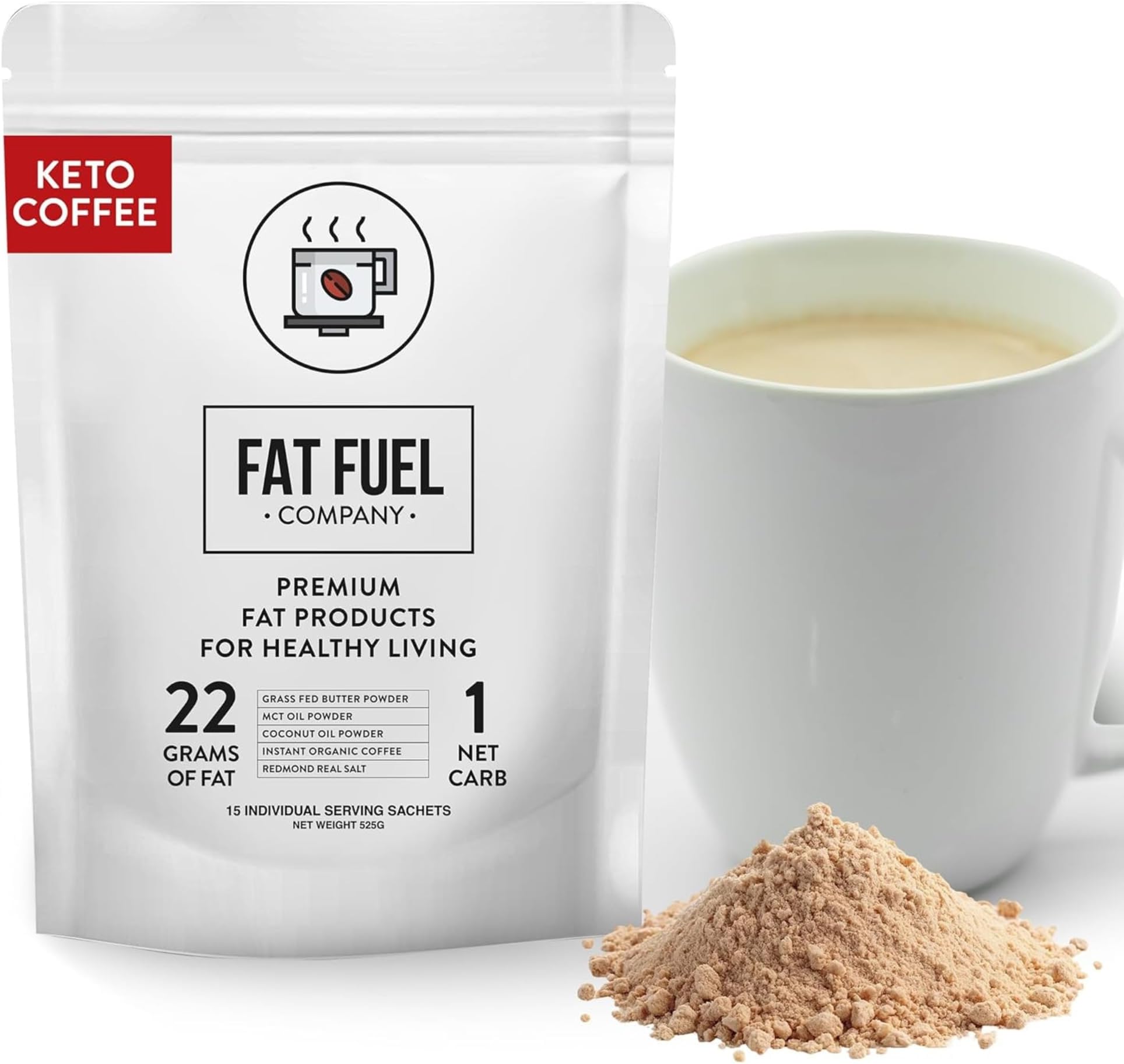 The Fat Fuel Company Keto Meal Replacement Coffee Packets with MCT Oils, Coconut Oil, Grass-Fed Butter, and Redmond Real Salt - Organic Instant Coffee by (15 Pack)