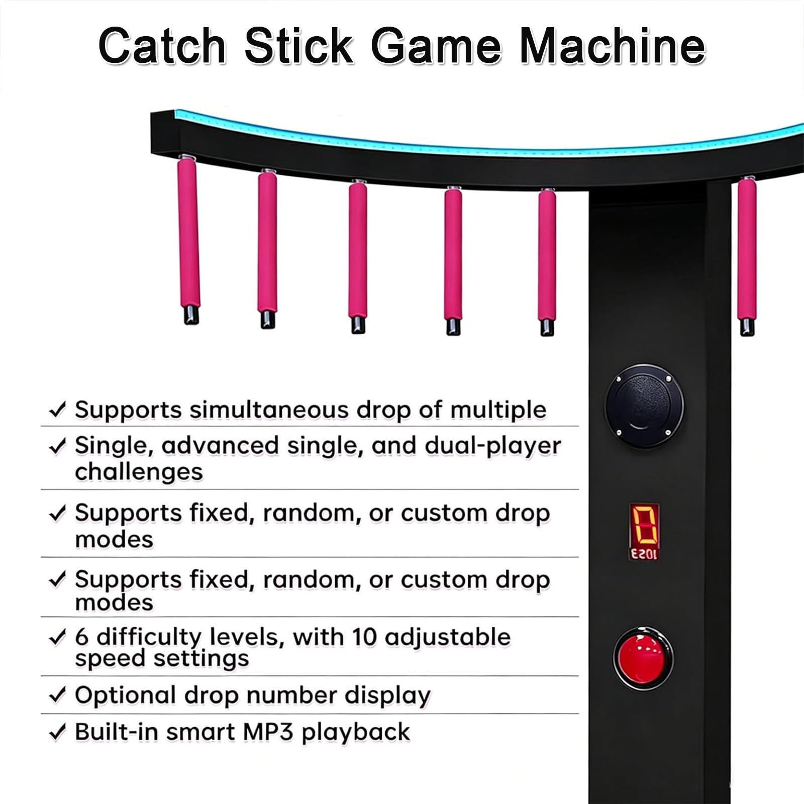 Gioco arcade bastoni monete,Gioco di Riflessi con Bastoncini Cadenti | LED dinamiche con MP3, 10 livelli sfida,Struttura in Metallo,con 10 bacchette,animazione per feste ed eventi