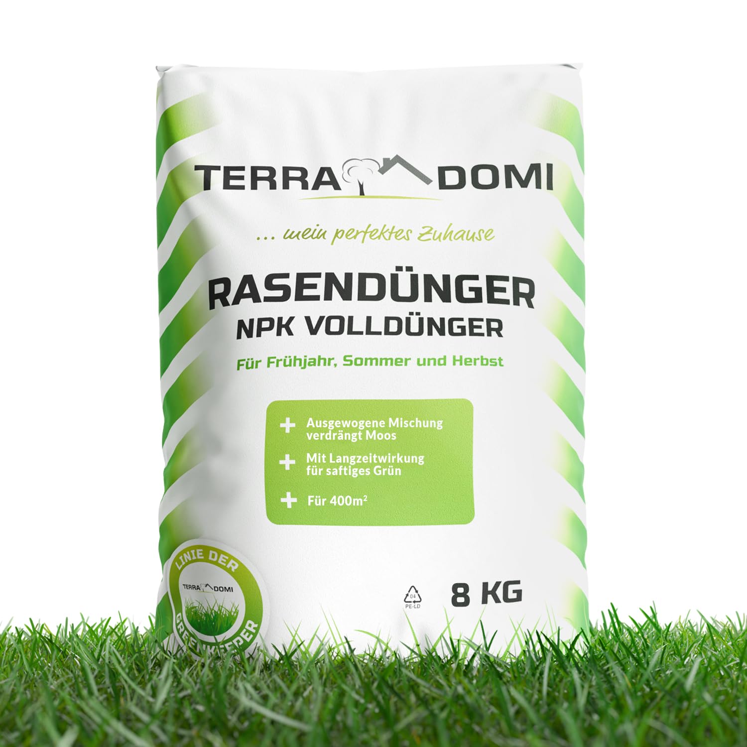 TerraDomi Rasendünger Frühjahr & Sommer 8 kg NPK 15-15-15 I Volldünger mit Langzeitwirkung I verdrängt Moos I für über 400 m² Rasen I streuwagengeeigneter Dünger | staubarm & mit extra Schwefel
