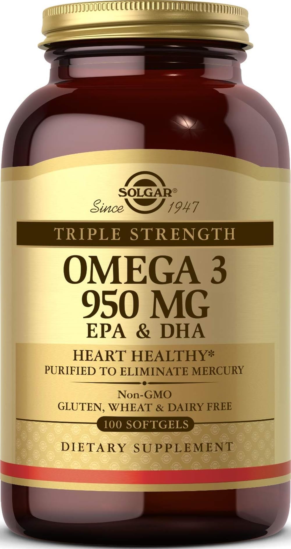 Solgar Triple Strength Omega-3 950 mg, 100 Softgels - Supports Cardiovascular, Joint & Skin Health - Heart Healthy Supplement - Essential Fatty Acids - Non GMO, Gluten Free, Dairy Free - 100 Count