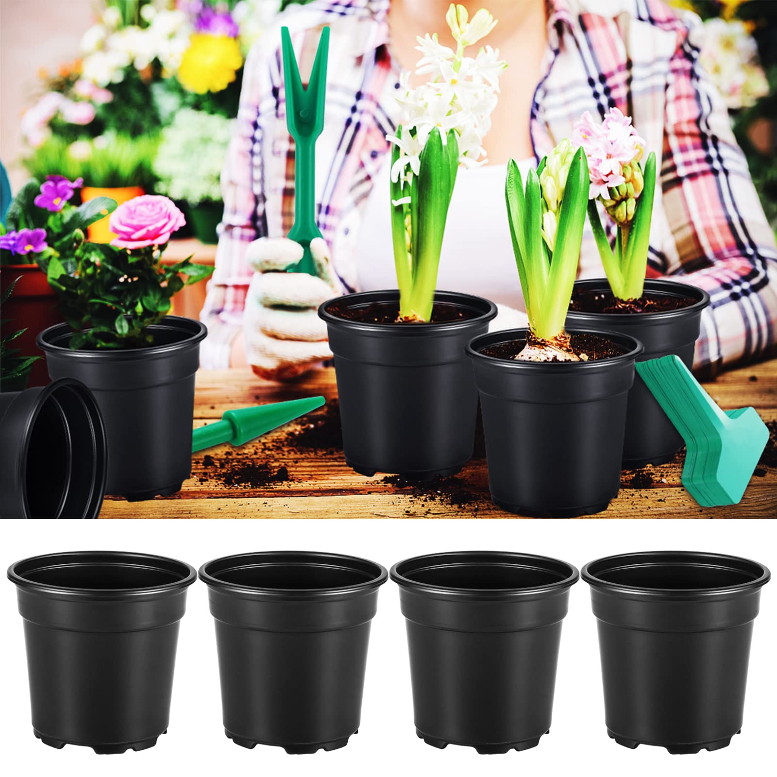 Coolty 100 Stück Pflanzentopf Pflanztöpfe Untertopf, Töpfe Pflanzen mit Pflanzenetiketten und 1 Set Mini Werkzeuge zum Umpflanzen, Schwarz (4 Inch)