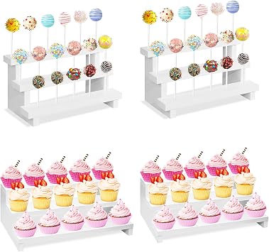 2Pcs Wood Cake Pop Stand & 3 Tier Wooden Cupcake Stand Display Stand, White Display Riser for Dessert Table of Wedding Birthday Party