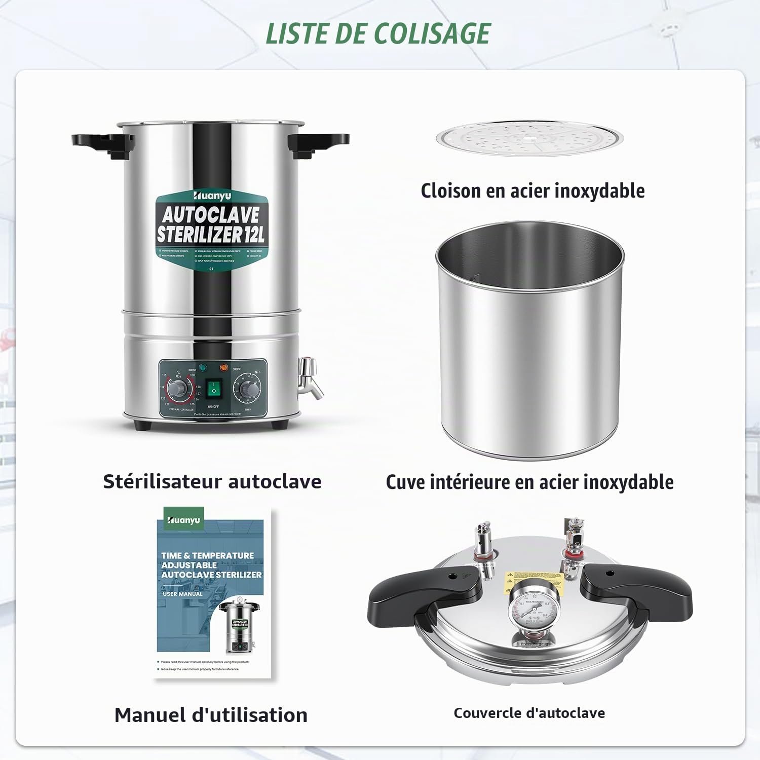 Huanyu 12L Autoclave Stérilisateur électrique de laboratoire à température et durée réglables Autoclave à ouverture rapide Stérilisateur à vapeur haute pression pour laboratoires Universités
