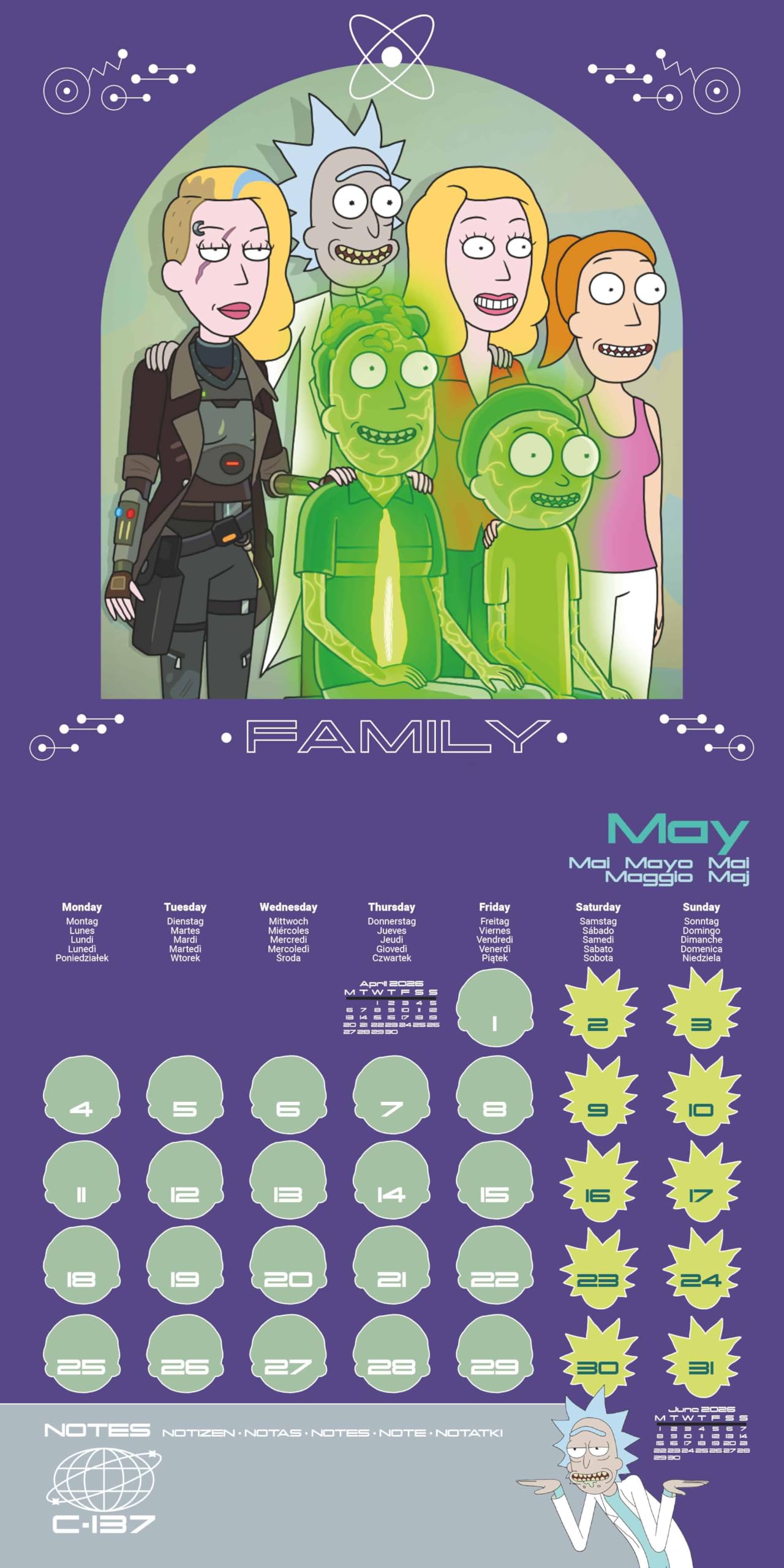 Calendario 2026 da parete rick and morty 30 x 30 cm