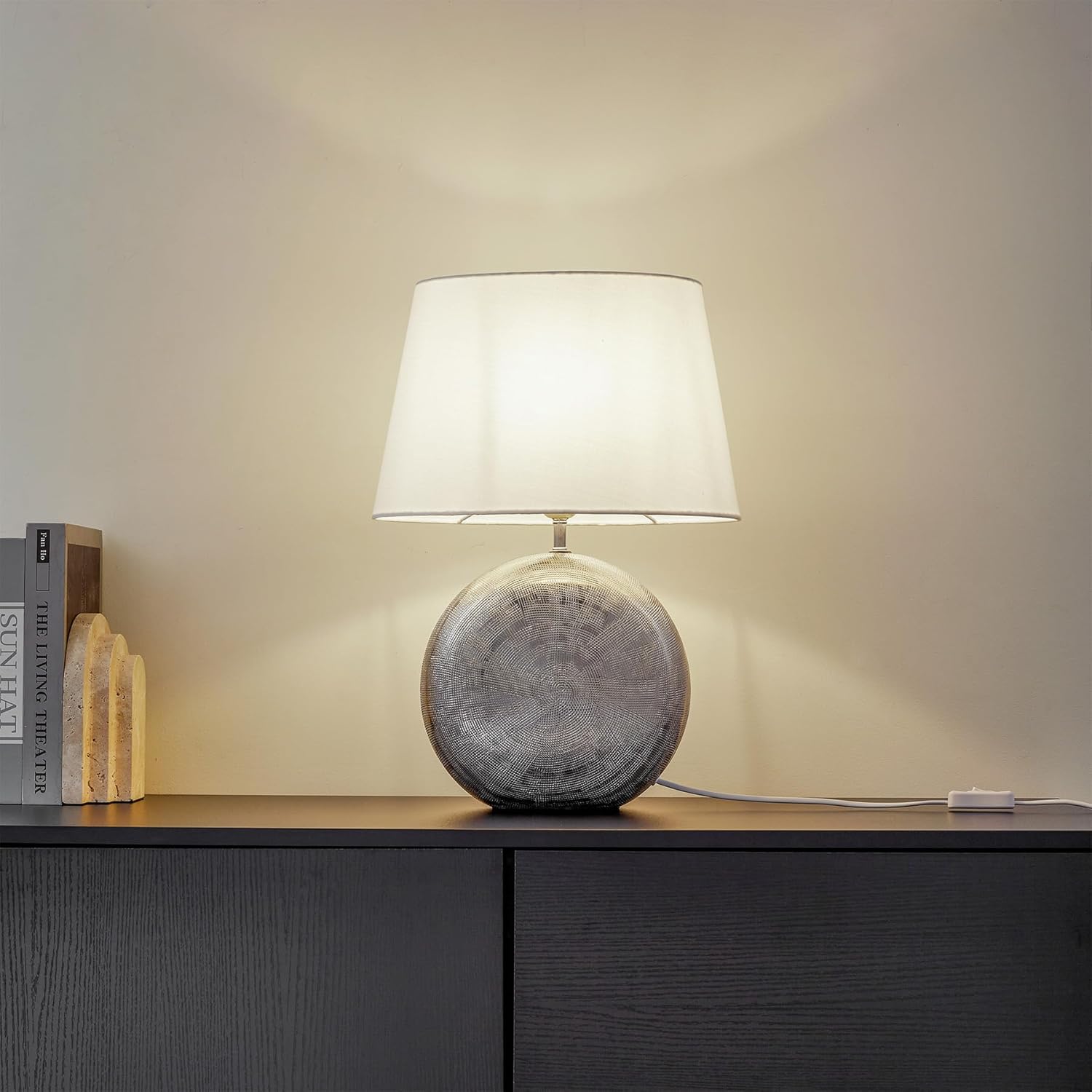 19" Modern Ceramic Table Lamp, Silver Jar-Style Base with White Fabric Shade, Elegant Bedside Lamp for Nightstand or Living Room, E26 Base Bulb Not Included