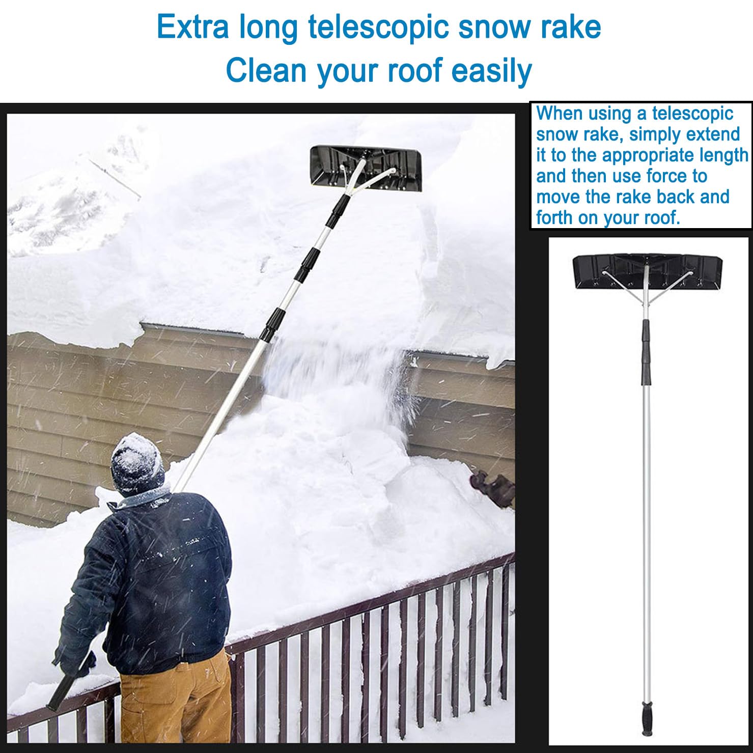Rastrillo de nieve telescópico ajustable de 6 a 20 pies, herramienta de eliminación de nieve de techo de aluminio ligero, portátil para paneles solares, fácil limpieza para personas mayores