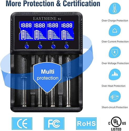 Miniatura 9 de Cargador de batería inteligente universal de 4 bahías para baterías recargables NiMH NiCd AA AAA C Li-ion LiFePO4 IMR 18650 21700 20700 26650 14500