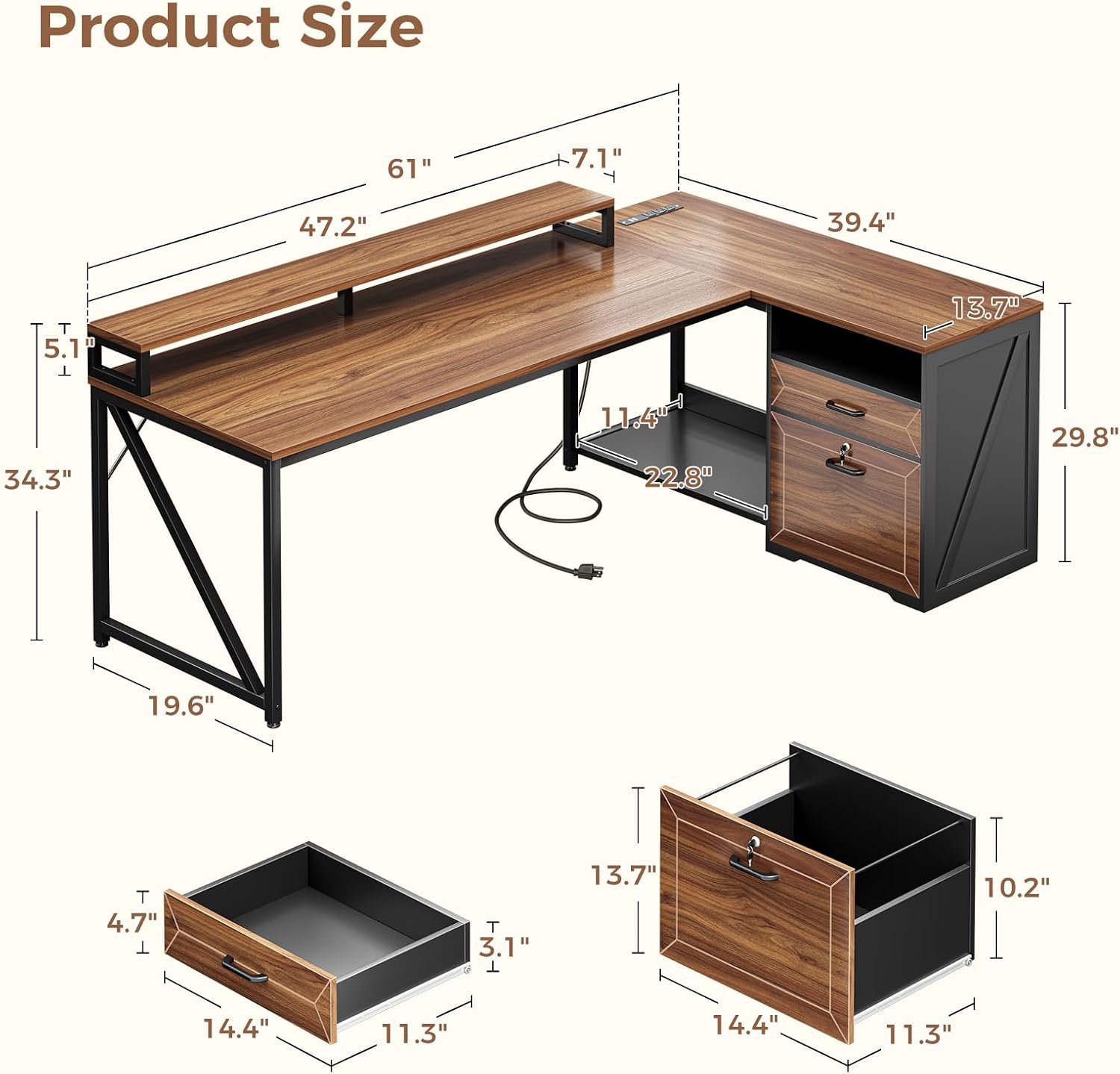 AODK L Shaped Desk with Wooden Drawers & Locking File Cabinet, 61 Inch Large Executive Desk with Power Outlet, Led Computer Desk with Storage, Corner Office desk with Monitor Stand & CPU Stand, Walnut