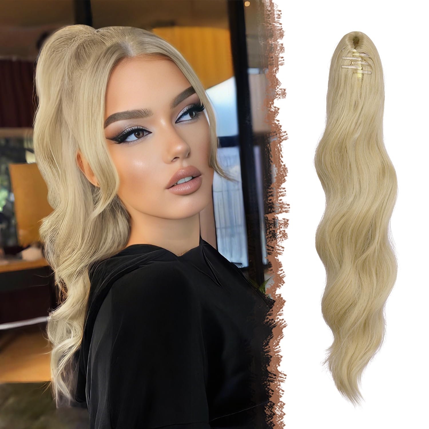 FESHFEN Pferdeschwanz Extensions Klammer, 50 cm Lang Gewellt Clip Zopf Haarteil Aschblond Synthetik Ponytail Hair Extensions Haarverlängerung für Frauen