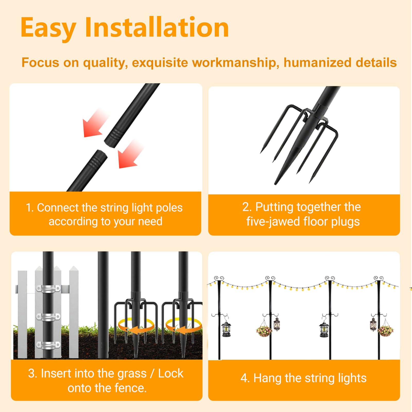 4 postes de luz festoon, postes de bandera de hierro resistente de 10 pies para jardín con tenedor y 2 ganchos, poste de altura ajustable para exteriores, jardín, patio, terraza, patio, patio