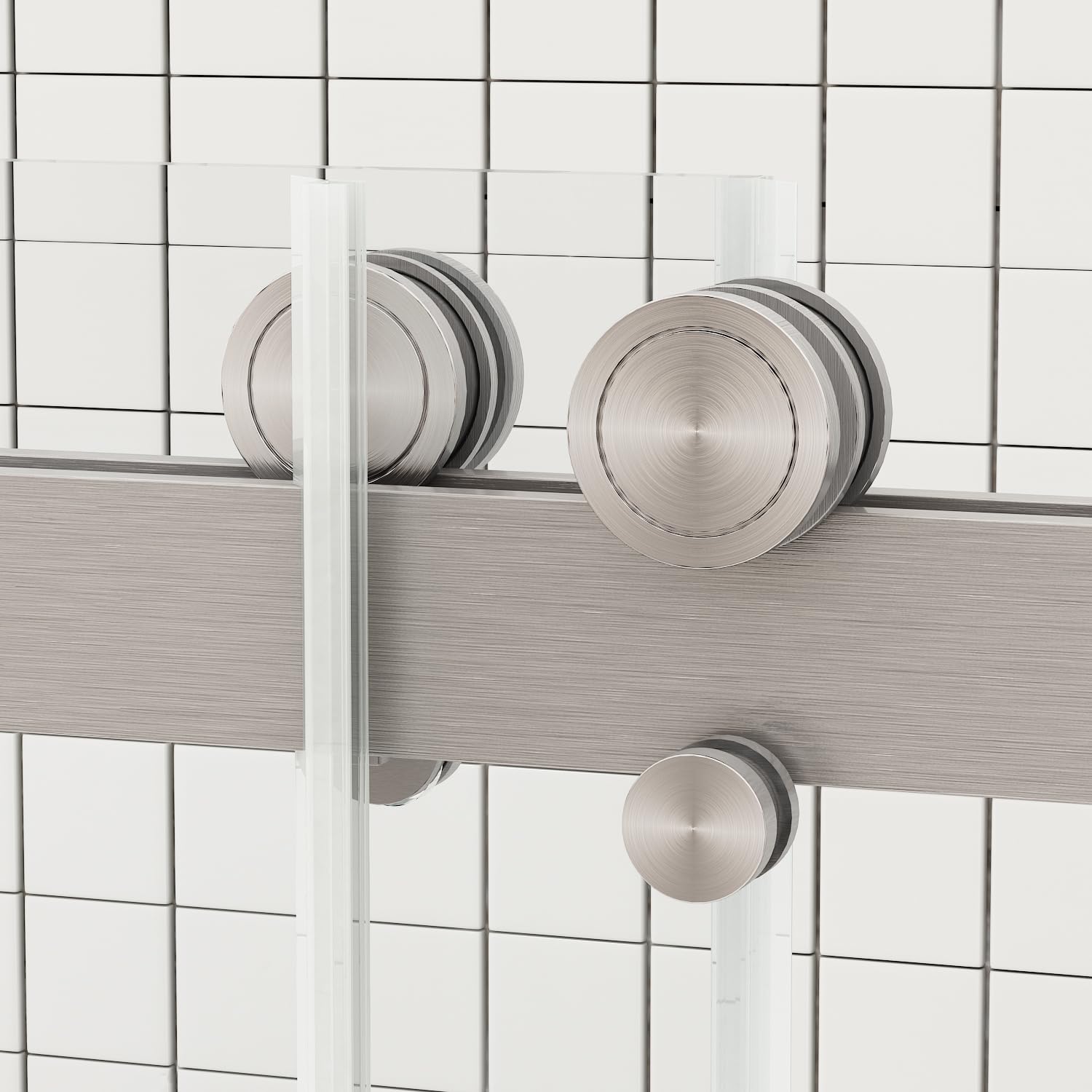 Condition photo showing New/Like New for Sunrosa Frameless Double Sliding Shower Door 56 1/8"-60" W x 76" H, 5/16" (8mm) Thick Easy-Clean Tempered Glass, Adjustable Shower Door with Soft-Close System, Brushed Nickel Hardware