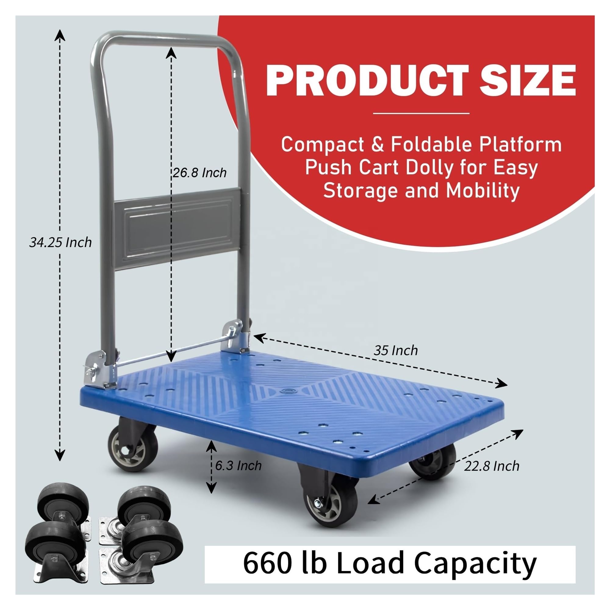 Carrello a mano con piattaforma pieghevole a 4 ruote carrello in plastica piatto, compatibile for lo stoccaggio(Red)