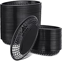 Vista 1 de 100 cestas de comida rápida de 8.9 x 5.5 pulgadas, cestas de plástico para alimentos, bandeja de chips negros, bandeja ovalada reutilizable