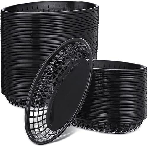 Cestas de comida rápida, 100 cestas de plástico de 8.9 x 5.5 pulgadas para alimentos, cesta ovalada para papas fritas, cestas de pan reutilizables,