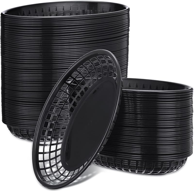 Potchen 100 cestas de plástico negro para comida rápida, bandeja ovalada para servir chips | 8.9x5.5 pulgadas reutilizable para restaurante Deli, porción de pollo para pan frito para perros calientes, catering para fiestas, diseño texturizado