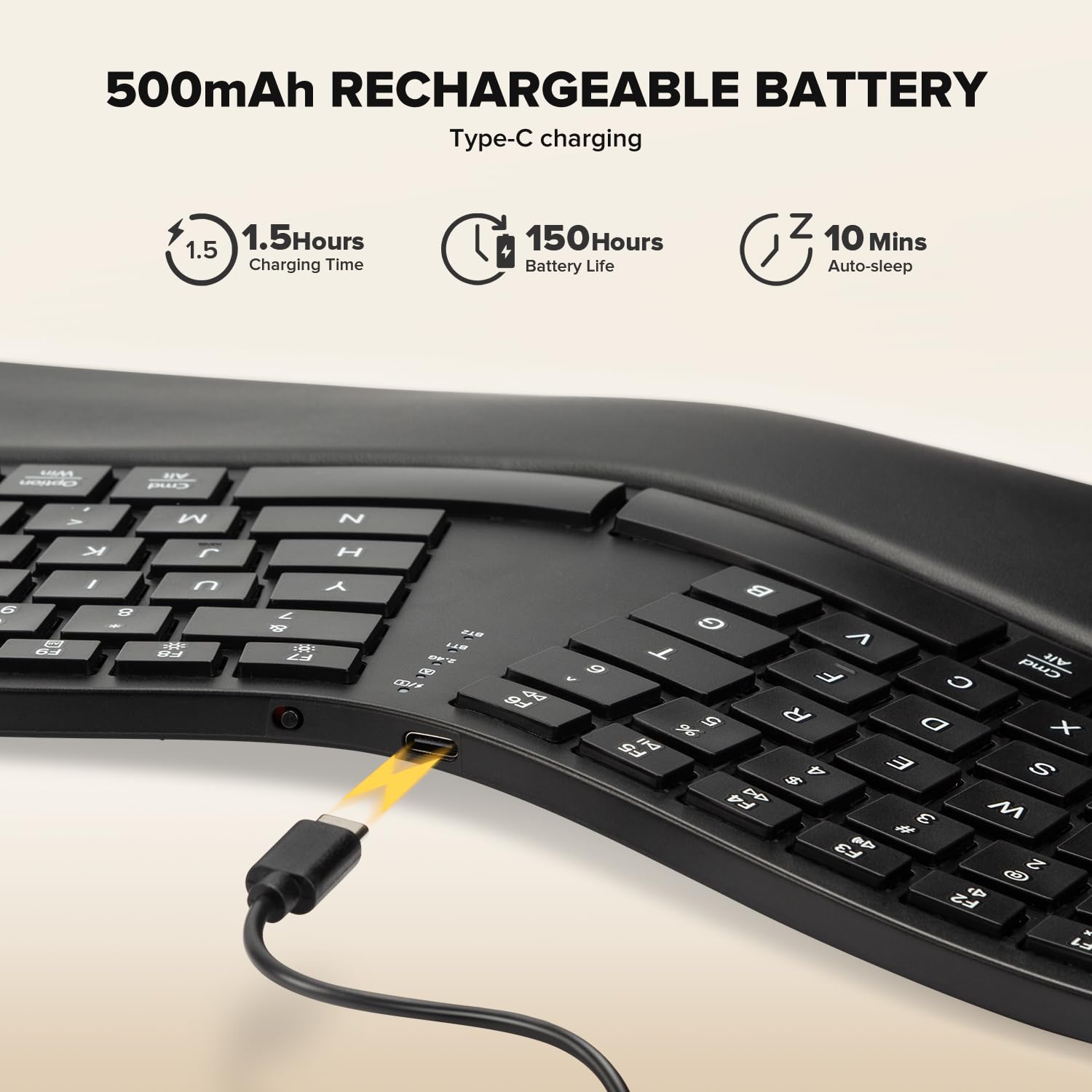 (Upgraded) DELUX Ergonomic Wireless Keyboard w Cushioned Wrist Rest, Wave Keys, 2.4GHz & Bluetooth Connection, Full Size Wireless Rechargeable Computer Keyboard for Windows, Mac OS, Laptop, PC (GM909) — view 5