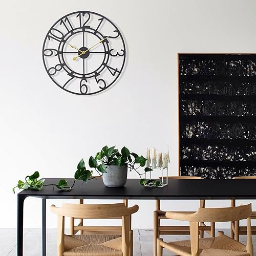 Miniatura 4 de Reloj de pared grande de 24 pulgadas, silencioso sin tictac, funciona con pilas, reloj de esqueleto de metal industrial rústico negro, reloj