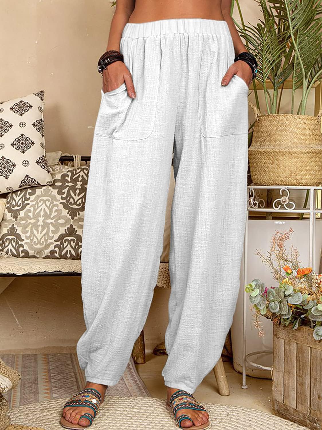 utcoco Women's Cotton Linen Harem Pants Casual Loose Fit High Waisted Pants Trousers with Pockets - Image 2