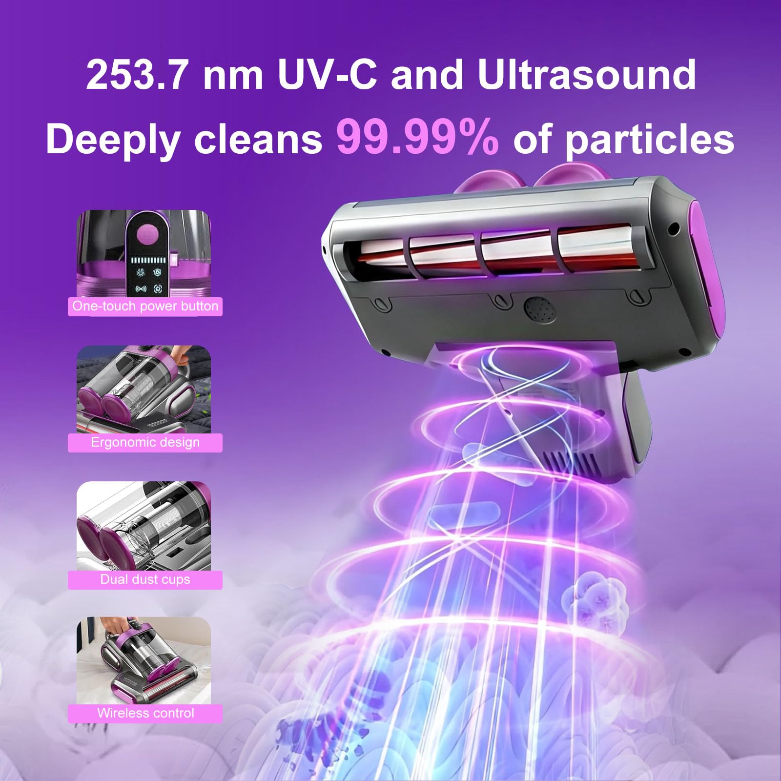 Kabelloser Milbensauger für Matratzen mit UV-Licht, Ultraschall & Bürstenwalzenklopfen, Matratzensauger gegen Staub-Milben, Allergene & Tierhaare (Lila)
