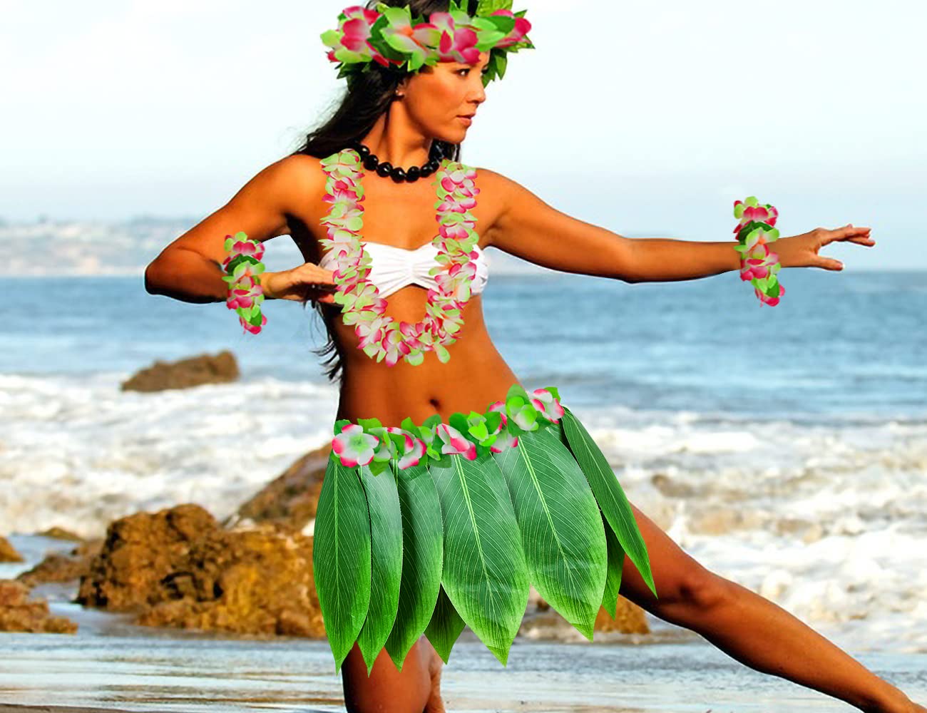 Falda hula de hojas con falda de hierba hawaiana Leis y flores artificiales de hibisco para playa, fiesta hawaiana Luau Tiki (color 8)