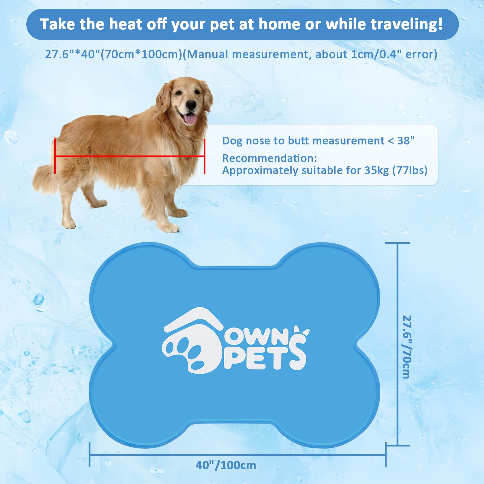 Ownpets Tappetino refrigerante in gel per animali domestici, 100 x 71 cm, non necessita di acqua, tappetino per ghiaccio in tessuto Oxford, per cani e gatti, durevole e atossico (blu)