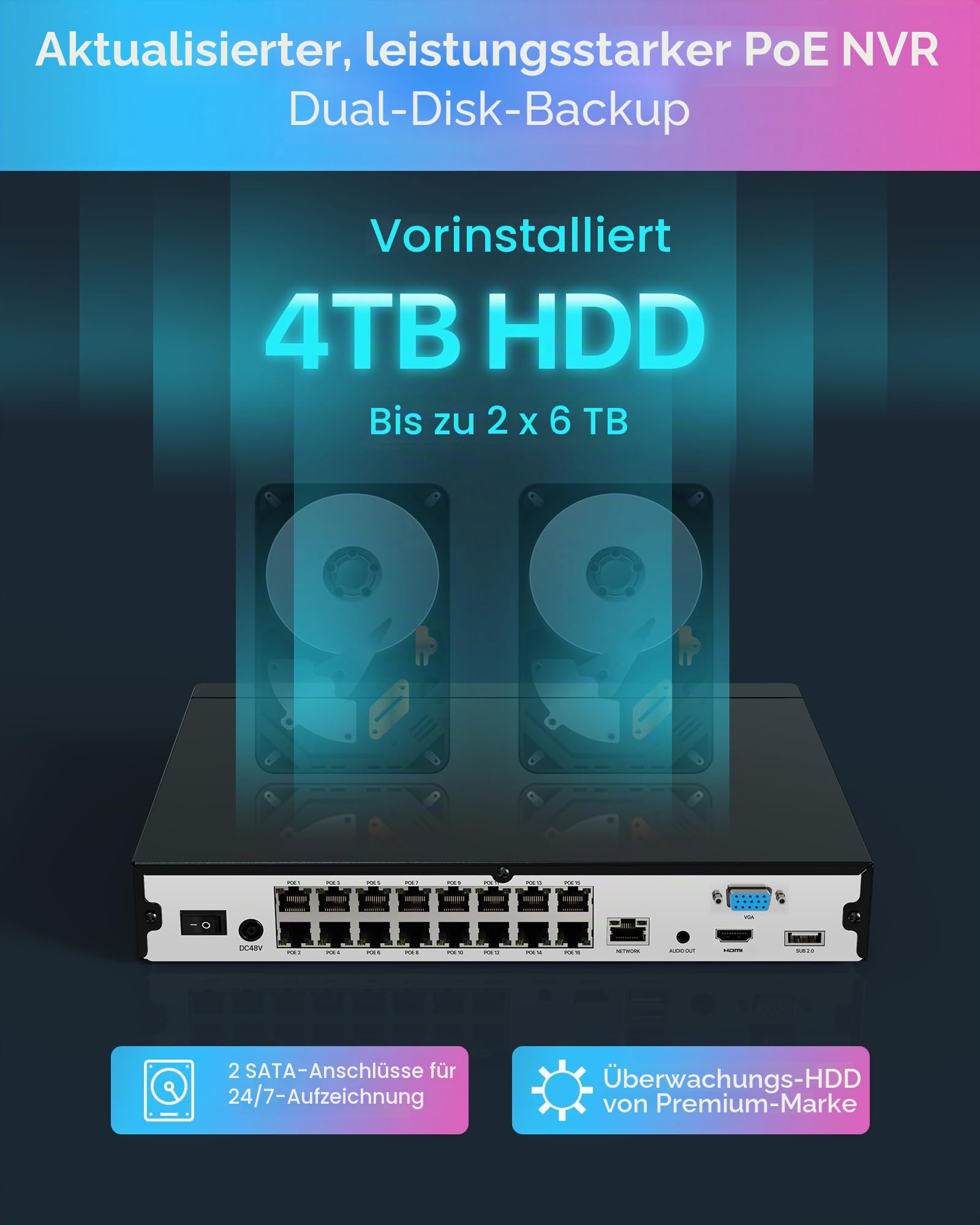 ZOSI 4K PoE Überwachungskamera Set Aussen, 16CH 4TB NVR und 8X IP-Kameras