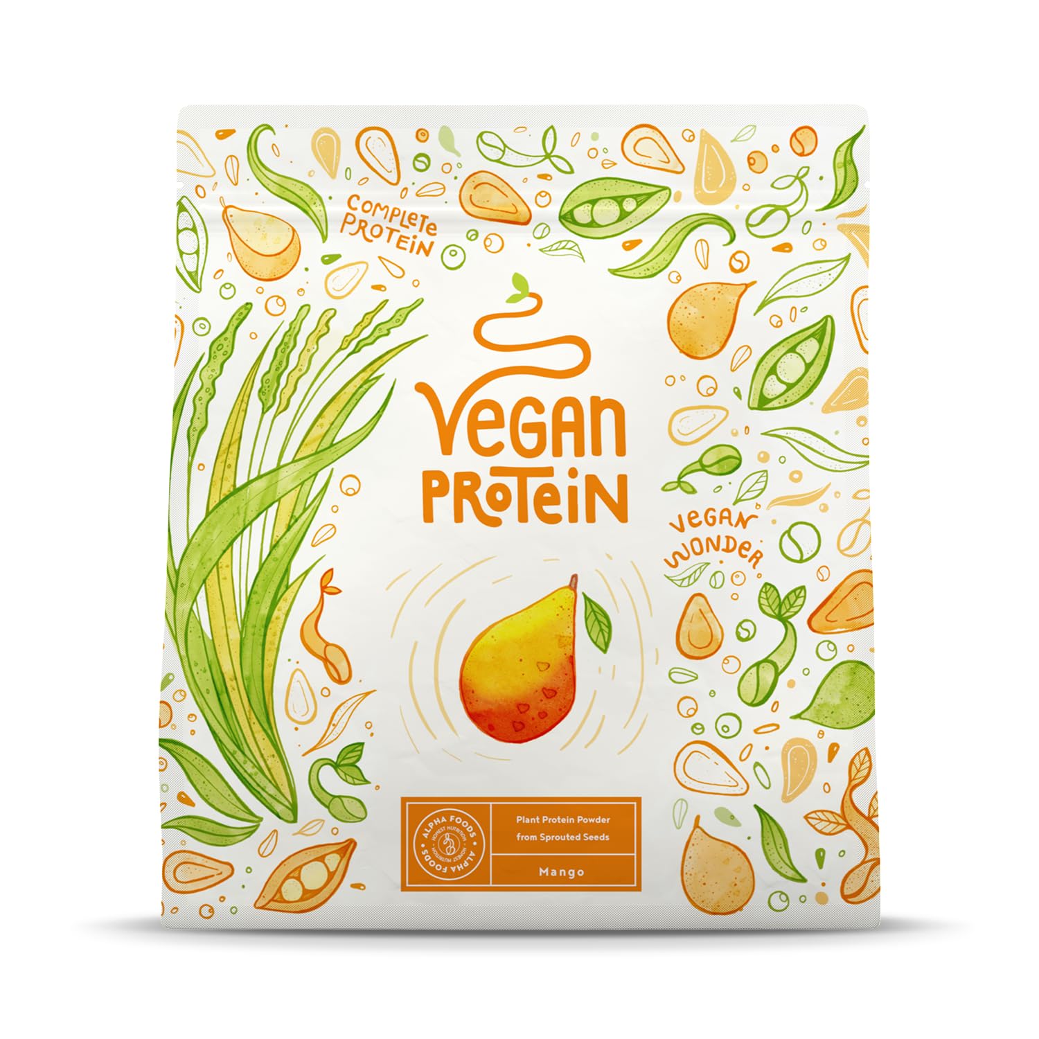 Proteine in Polvere Vegane | Gusto Mango | 21g Proteine Vegetali Isolate in Polvere di Pisello e Riso | Massa Muscolare | 600g Vegan Protein Powder | Alpha Foods