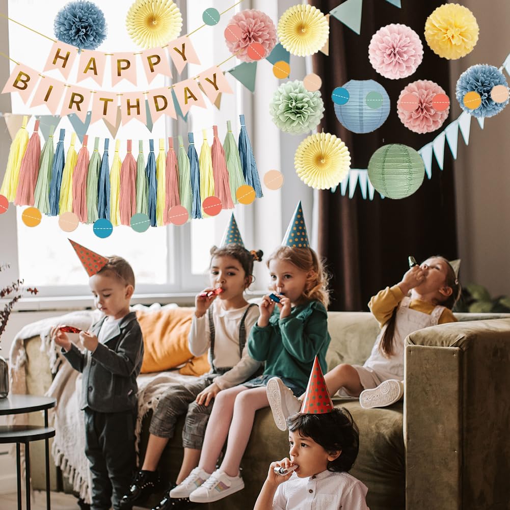 Retro Boho Regenbogen Geburtstag Dekorationen Pastell Geburtstag mit Happy Birthday Banner Salbeigrün Dusty Pink Blau Gelb Creme Papier Pom Poms Papier Quaste Girlande für Frauen Mädchen Jungen Party