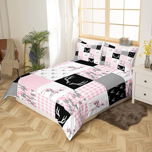 Miniatura 2 de Manfei Juego de funda de edredón de camuflaje rosa para niños, tamaño Queen, funda de edredón con estampado de cuernos de ciervo y animales salvajes